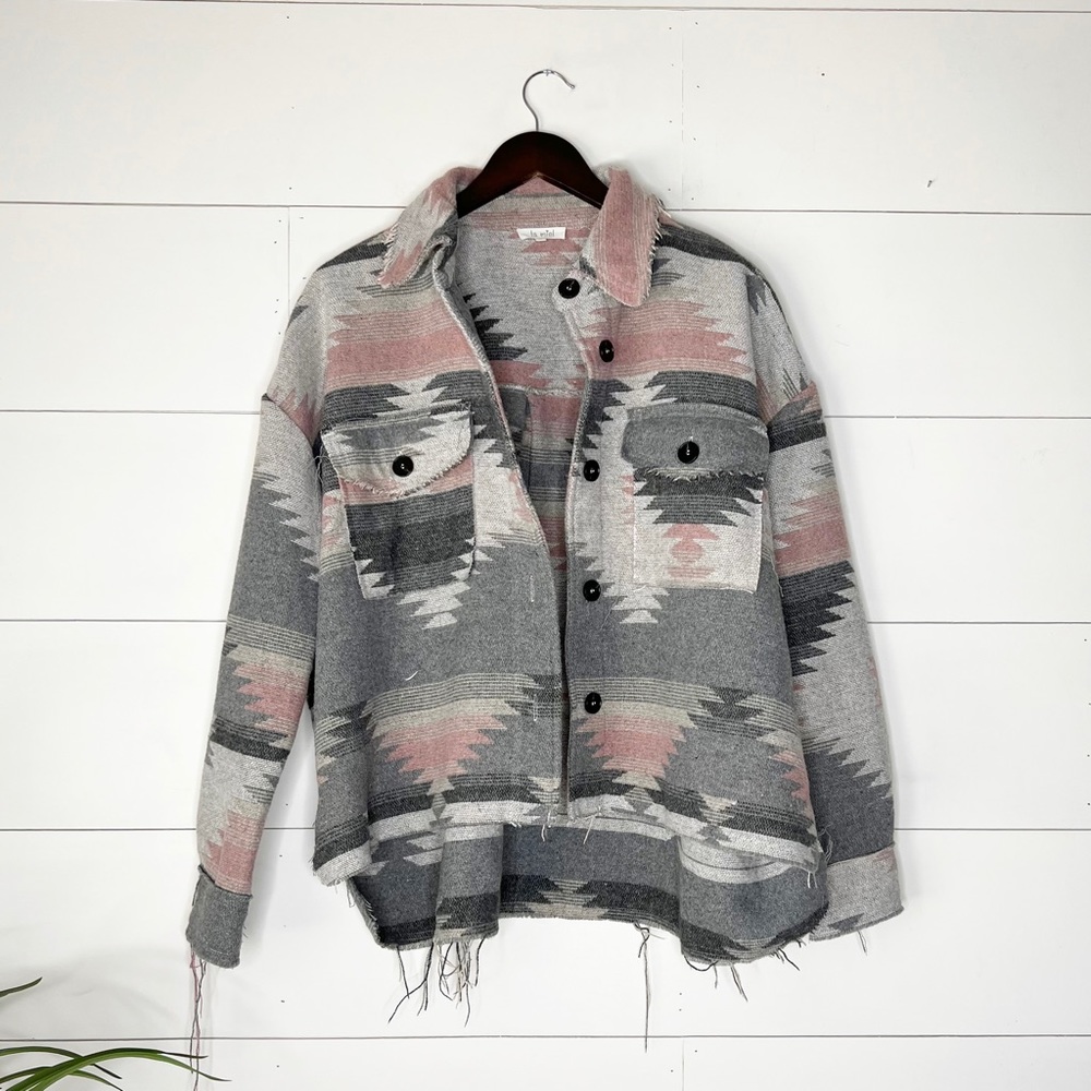 La Miel Aztec Print Boxy Raw Hem Jacket - Picture 3 of 8